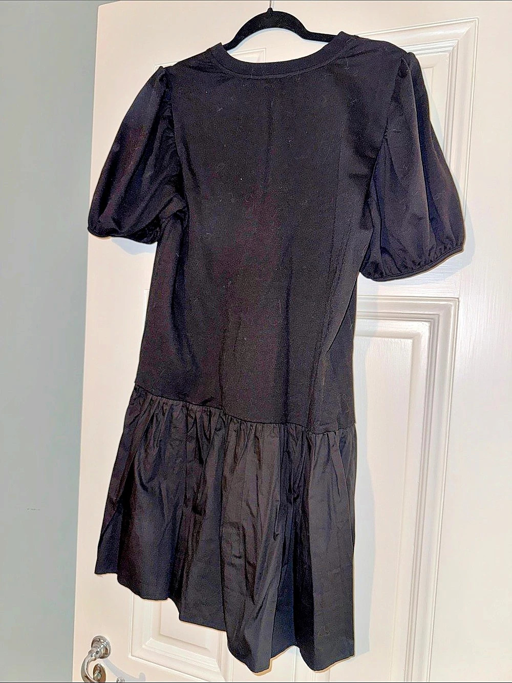 English Factory Knit Woven Mixed Dress Puff Sleeve Mini Black Large NWT